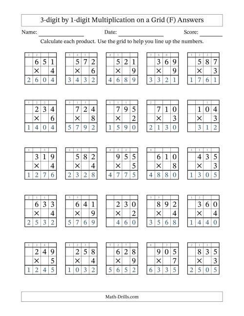 The 3-digit by 1-digit Multiplication with Grid Support (F) Math Worksheet Page 2