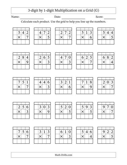 The 3-digit by 1-digit Multiplication with Grid Support Including Regrouping (G) Math Worksheet