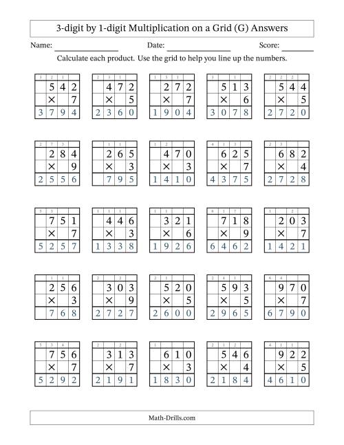 The 3-Digit by 1-Digit Multiplication with Grid Support (G) Math Worksheet Page 2