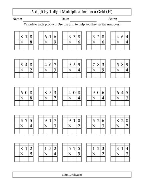 The 3-digit by 1-digit Multiplication with Grid Support Including Regrouping (H) Math Worksheet