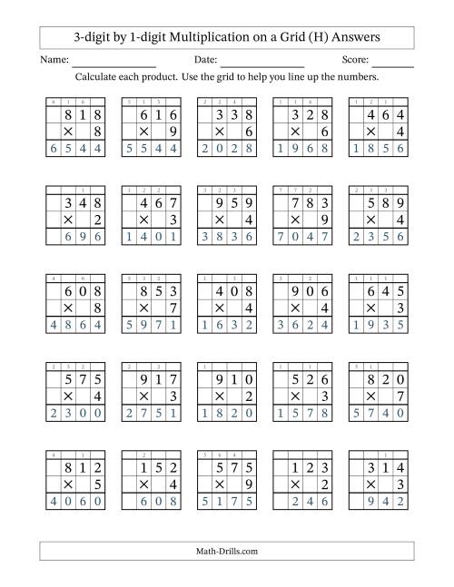 The 3-Digit by 1-Digit Multiplication with Grid Support (H) Math Worksheet Page 2