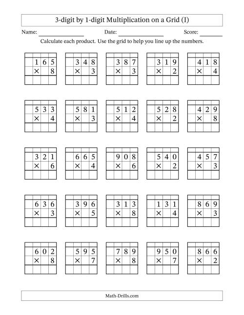 The 3-digit by 1-digit Multiplication with Grid Support Including Regrouping (I) Math Worksheet