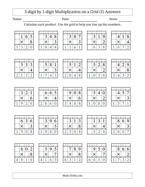 The 3-Digit by 1-Digit Multiplication with Grid Support (I) Math Worksheet Page 2
