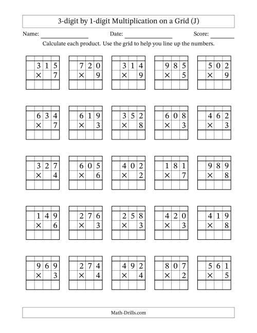 The 3-digit by 1-digit Multiplication with Grid Support Including Regrouping (J) Math Worksheet