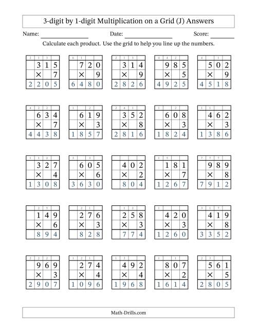 The 3-Digit by 1-Digit Multiplication with Grid Support (J) Math Worksheet Page 2