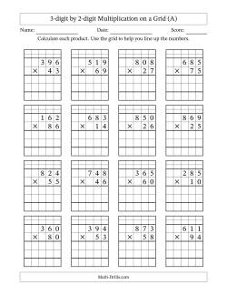 3-digit by 2-digit Multiplication with Grid Support Including Regrouping