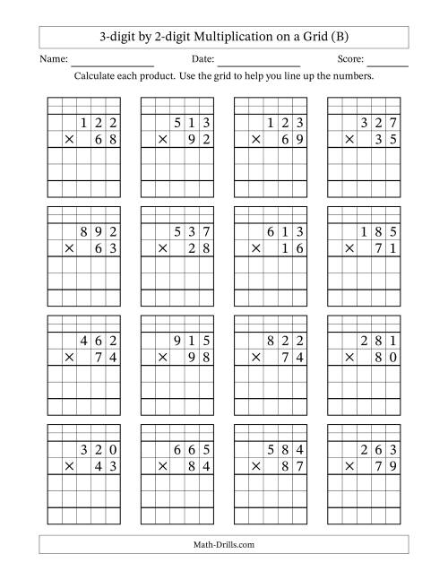 The 3-digit by 2-digit Multiplication with Grid Support Including Regrouping (B) Math Worksheet