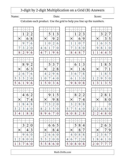 The 3-digit by 2-digit Multiplication with Grid Support Including Regrouping (B) Math Worksheet Page 2