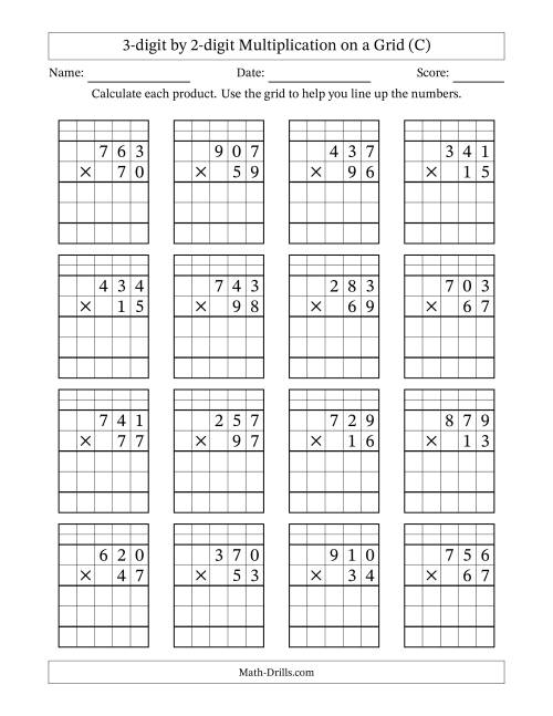 The 3-digit by 2-digit Multiplication with Grid Support Including Regrouping (C) Math Worksheet