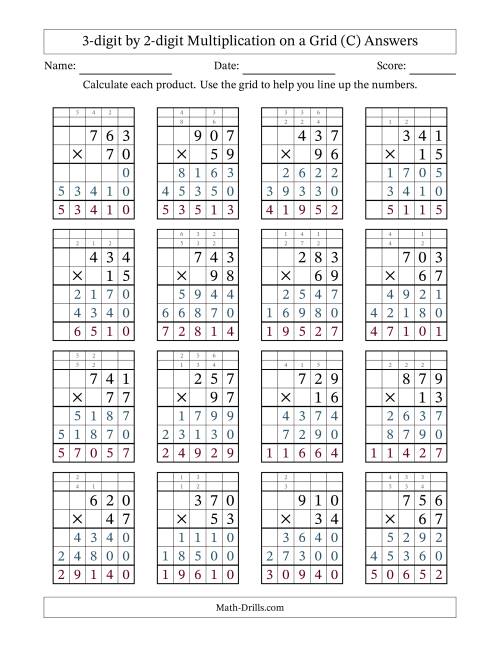 The 3-digit by 2-digit Multiplication with Grid Support Including Regrouping (C) Math Worksheet Page 2