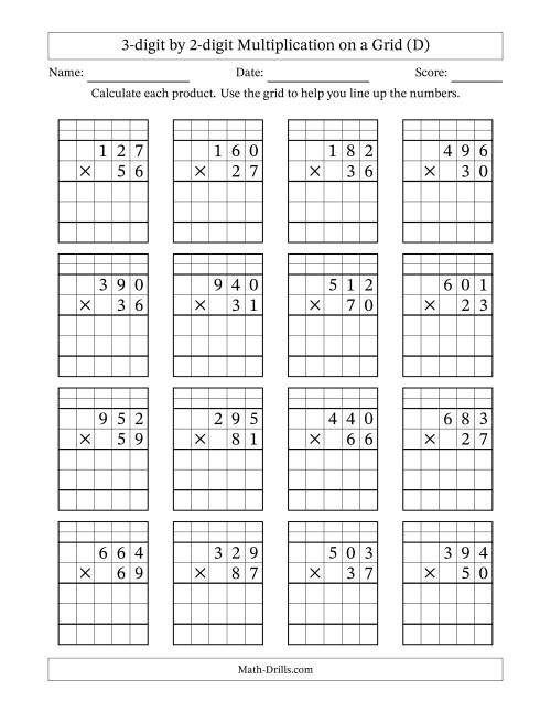 The 3-digit by 2-digit Multiplication with Grid Support Including Regrouping (D) Math Worksheet