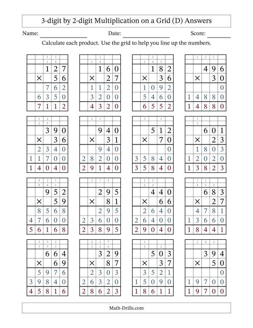 The 3-digit by 2-digit Multiplication with Grid Support Including Regrouping (D) Math Worksheet Page 2