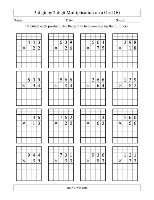 The 3-digit by 2-digit Multiplication with Grid Support Including Regrouping (E) Math Worksheet