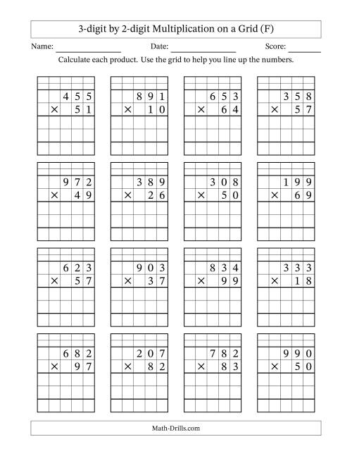 The 3-digit by 2-digit Multiplication with Grid Support Including Regrouping (F) Math Worksheet