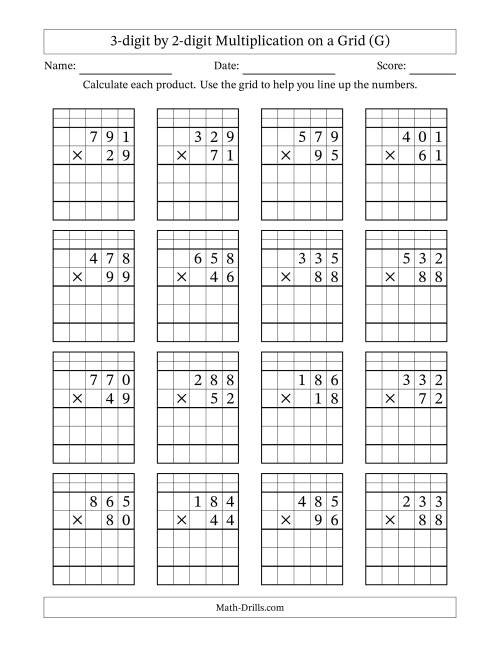 The 3-digit by 2-digit Multiplication with Grid Support Including Regrouping (G) Math Worksheet