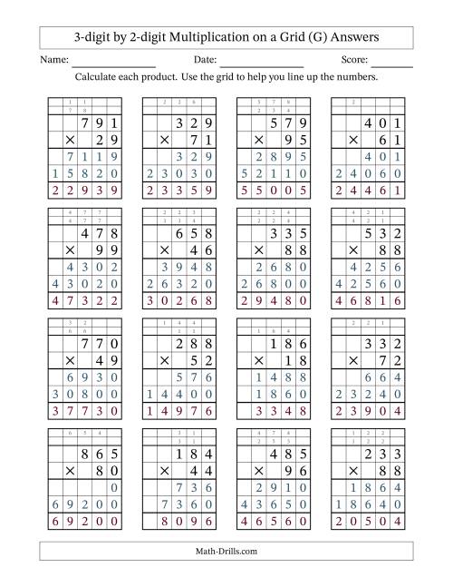 The 3-digit by 2-digit Multiplication with Grid Support Including Regrouping (G) Math Worksheet Page 2