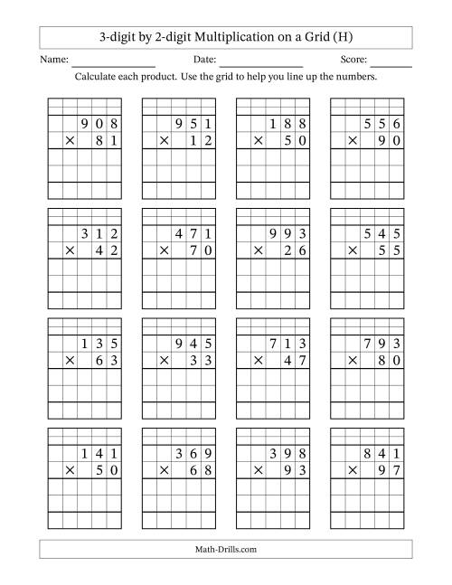 The 3-digit by 2-digit Multiplication with Grid Support Including Regrouping (H) Math Worksheet