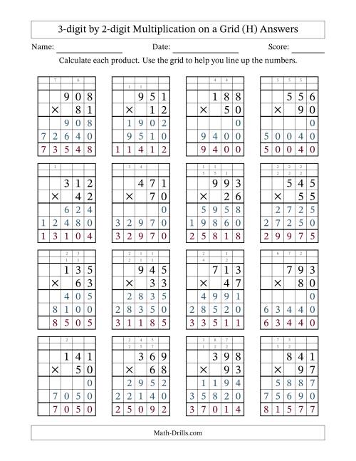 The 3-Digit by 2-Digit Multiplication with Grid Support (H) Math Worksheet Page 2