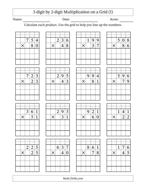 The 3-digit by 2-digit Multiplication with Grid Support Including Regrouping (I) Math Worksheet