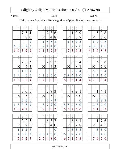 The 3-digit by 2-digit Multiplication with Grid Support Including Regrouping (I) Math Worksheet Page 2