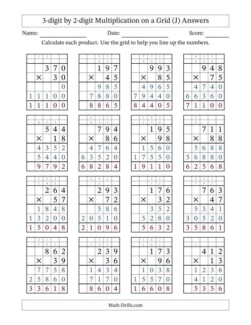 The 3-digit by 2-digit Multiplication with Grid Support Including Regrouping (J) Math Worksheet Page 2