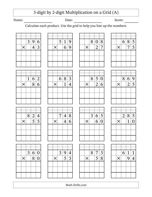 The 3-digit by 2-digit Multiplication with Grid Support Including Regrouping (All) Math Worksheet