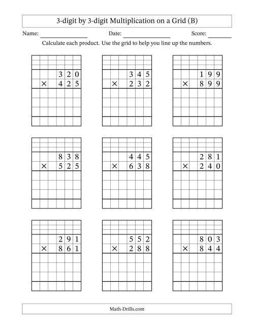 The 3-digit by 3-digit Multiplication with Grid Support Including Regrouping (B) Math Worksheet