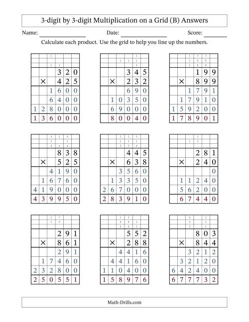 The 3-digit by 3-digit Multiplication with Grid Support Including Regrouping (B) Math Worksheet Page 2