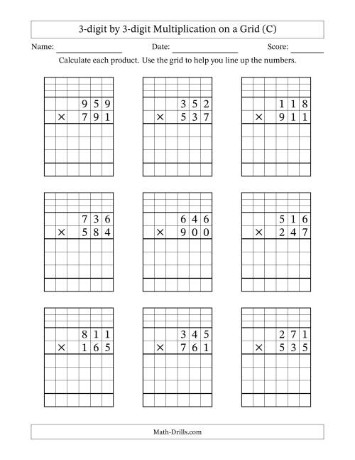 The 3-digit by 3-digit Multiplication with Grid Support Including Regrouping (C) Math Worksheet