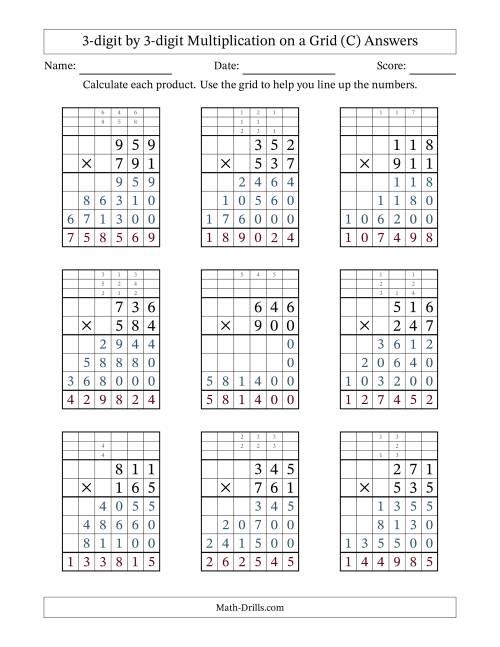 The 3-digit by 3-digit Multiplication with Grid Support Including Regrouping (C) Math Worksheet Page 2