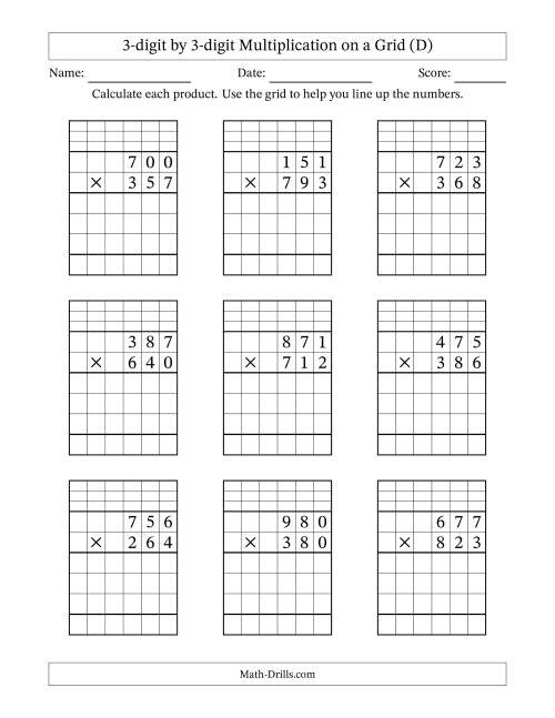 The 3-digit by 3-digit Multiplication with Grid Support Including Regrouping (D) Math Worksheet