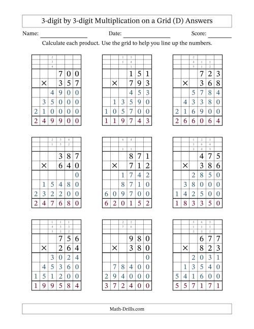 The 3-digit by 3-digit Multiplication with Grid Support Including Regrouping (D) Math Worksheet Page 2
