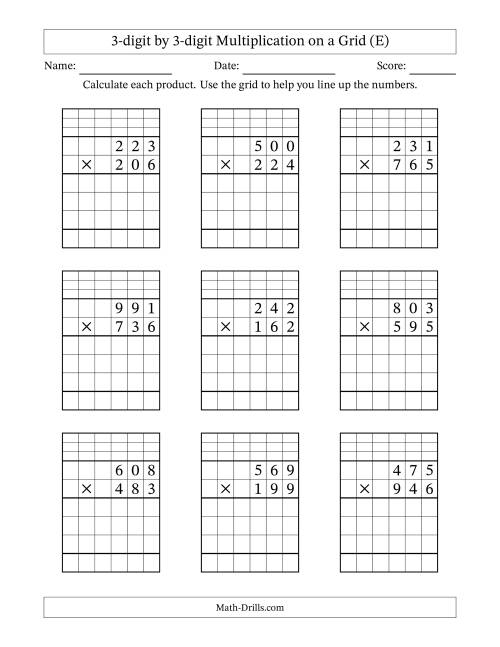 The 3-digit by 3-digit Multiplication with Grid Support Including Regrouping (E) Math Worksheet