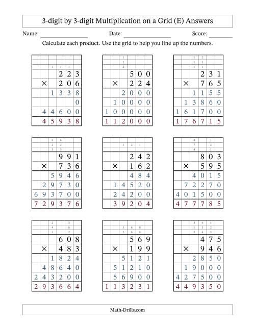 The 3-digit by 3-digit Multiplication with Grid Support Including Regrouping (E) Math Worksheet Page 2