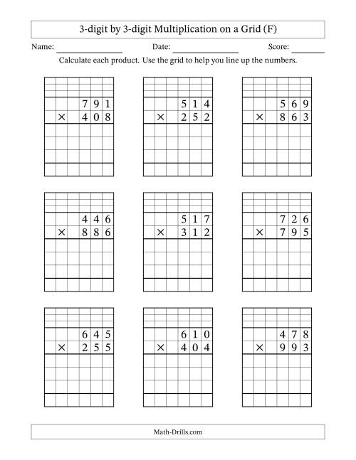 The 3-digit by 3-digit Multiplication with Grid Support Including Regrouping (F) Math Worksheet