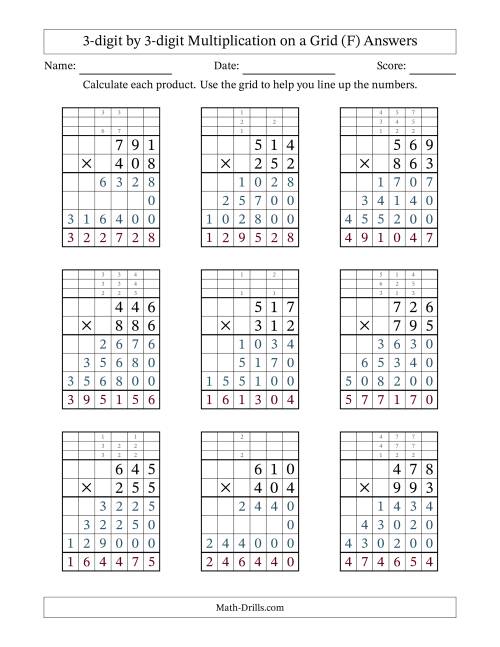 The 3-digit by 3-digit Multiplication with Grid Support Including Regrouping (F) Math Worksheet Page 2