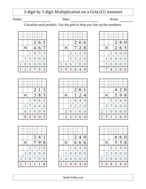 The 3-digit by 3-digit Multiplication with Grid Support Including Regrouping (G) Math Worksheet Page 2