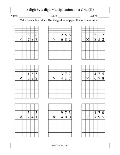 The 3-digit by 3-digit Multiplication with Grid Support Including Regrouping (H) Math Worksheet