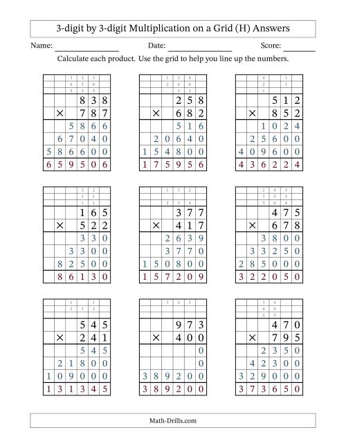 The 3-digit by 3-digit Multiplication with Grid Support Including Regrouping (H) Math Worksheet Page 2