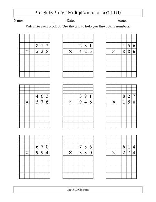 The 3-digit by 3-digit Multiplication with Grid Support Including Regrouping (I) Math Worksheet