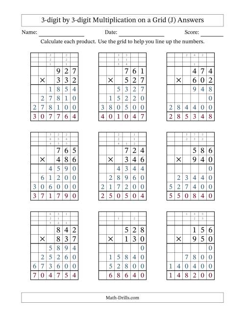 The 3-digit by 3-digit Multiplication with Grid Support Including Regrouping (J) Math Worksheet Page 2