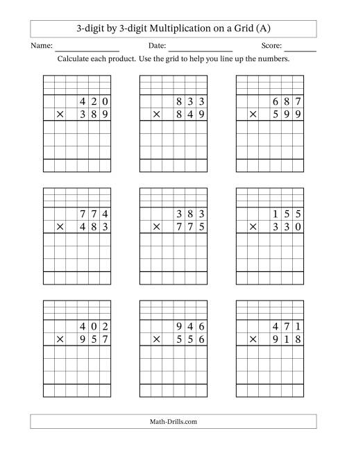The 3-digit by 3-digit Multiplication with Grid Support Including Regrouping (All) Math Worksheet