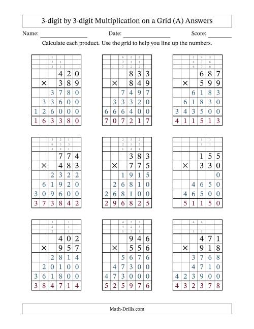 The 3-digit by 3-digit Multiplication with Grid Support Including Regrouping (All) Math Worksheet Page 2