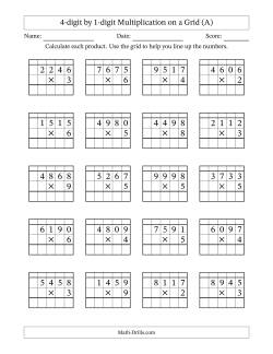4-digit by 1-digit Multiplication with Grid Support