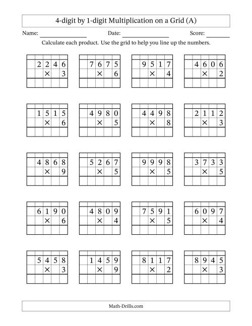The 4-Digit by 1-Digit Multiplication with Grid Support (A) Math Worksheet