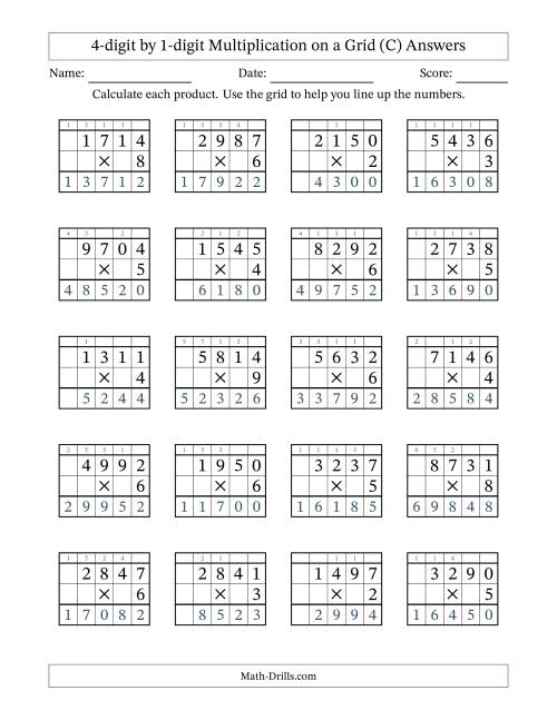 The 4-digit by 1-digit Multiplication with Grid Support Including Regrouping (C) Math Worksheet Page 2