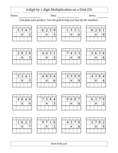 The 4-digit by 1-digit Multiplication with Grid Support Including Regrouping (D) Math Worksheet