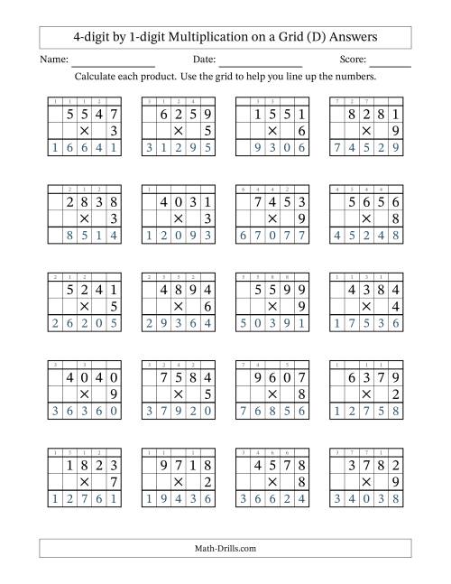 The 4-digit by 1-digit Multiplication with Grid Support Including Regrouping (D) Math Worksheet Page 2