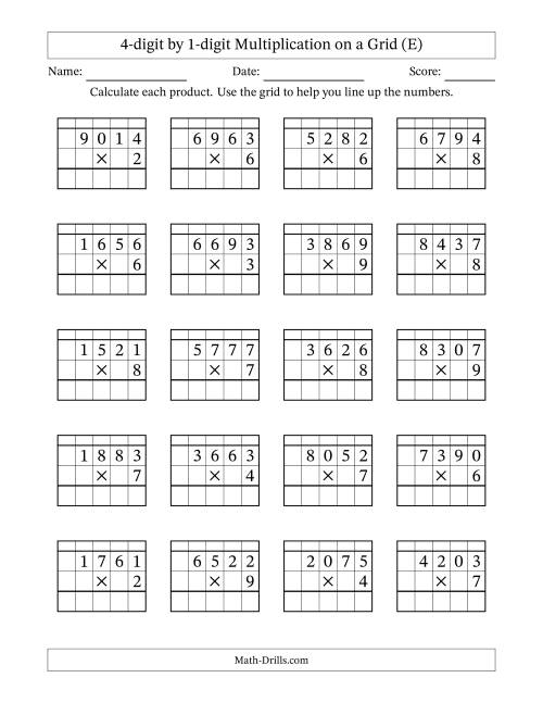 The 4-digit by 1-digit Multiplication with Grid Support Including Regrouping (E) Math Worksheet