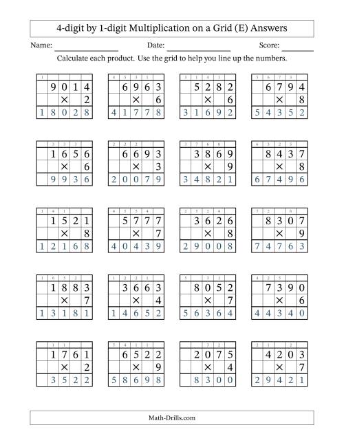 The 4-digit by 1-digit Multiplication with Grid Support Including Regrouping (E) Math Worksheet Page 2